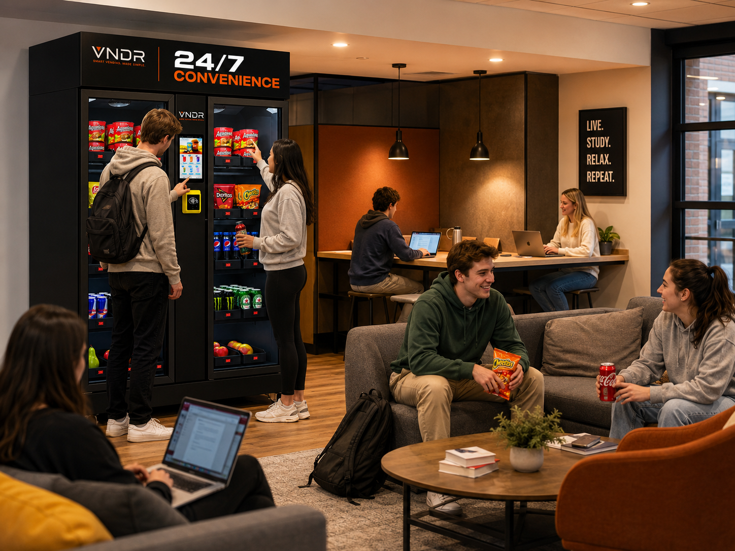 AI-powered smart fridge in a modern office lobby